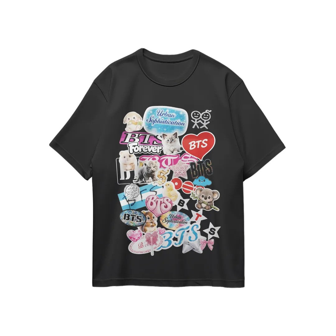 Anidoo BTS Cotton Printed black Short Sleeve Tee Spring Summer Breathable Fan Merchandise-A